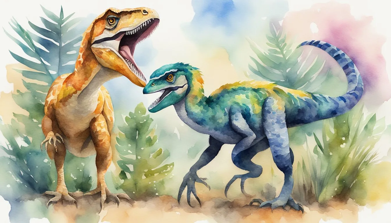 Colorful watercolor painting of two dinosaurs in nature.
