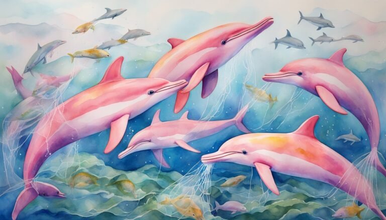 Colorful dolphins swimming underwater in a watercolor art.