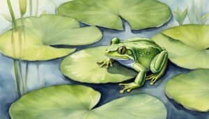 Green frog on lily pads, watercolor illustration.