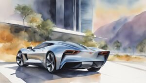 Blue sports car in urban watercolor landscape.