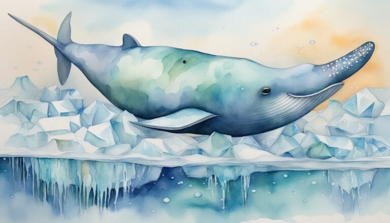 Watercolor narwhal above icy ocean landscape.