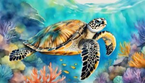 Colorful sea turtle swimming in vibrant coral reef.