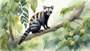 Civet on tree branch in watercolor illustration.