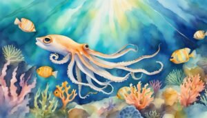 Colorful underwater scene with octopus and tropical fish.