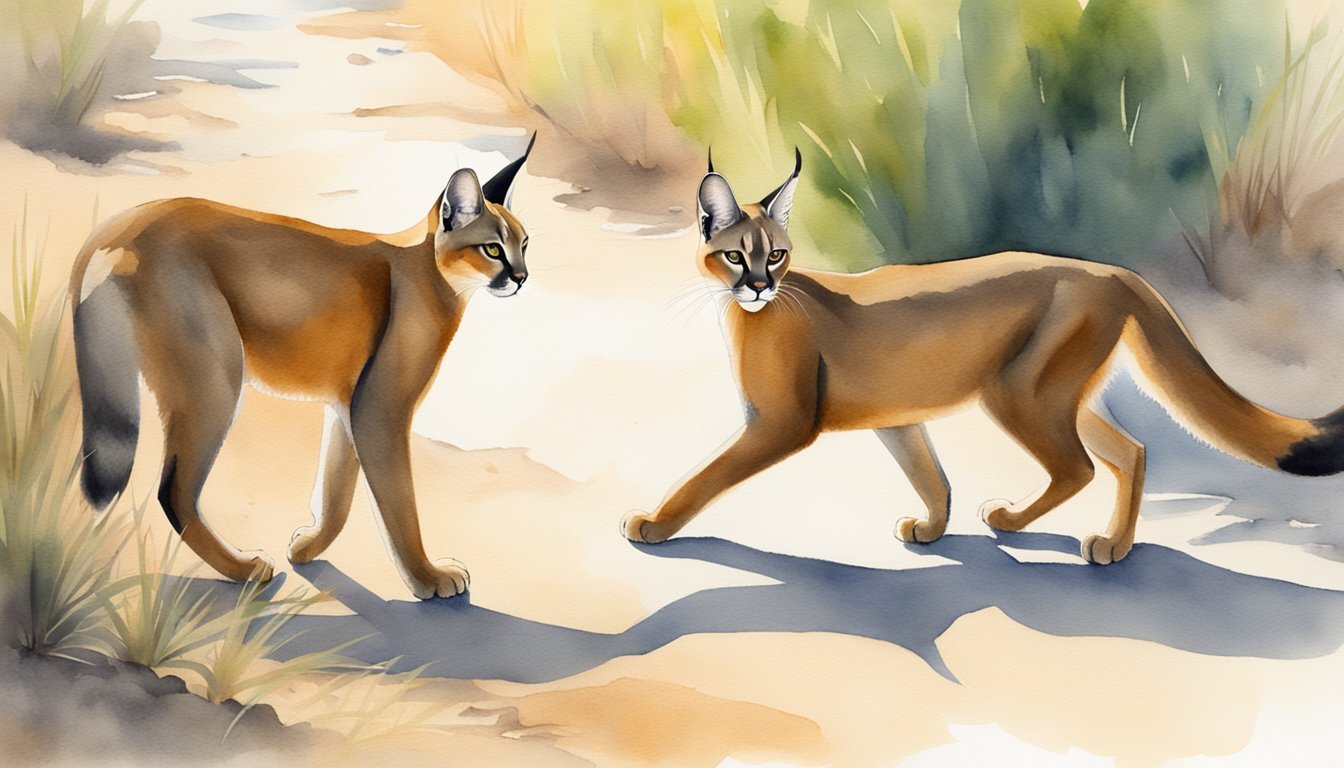 Two caracals in a watercolor savannah landscape.