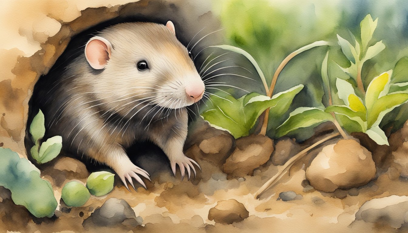 Watercolor painting of rat peeking from burrow with plants.