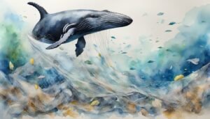 Watercolor painting of whale leaping above ocean net.