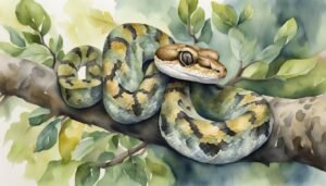 Watercolor painting of a snake on a tree branch.