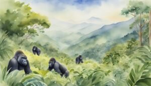 Watercolor of gorillas in misty, lush green mountain landscape.