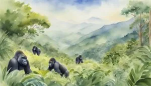 Watercolor of gorillas in misty, lush green mountain landscape.