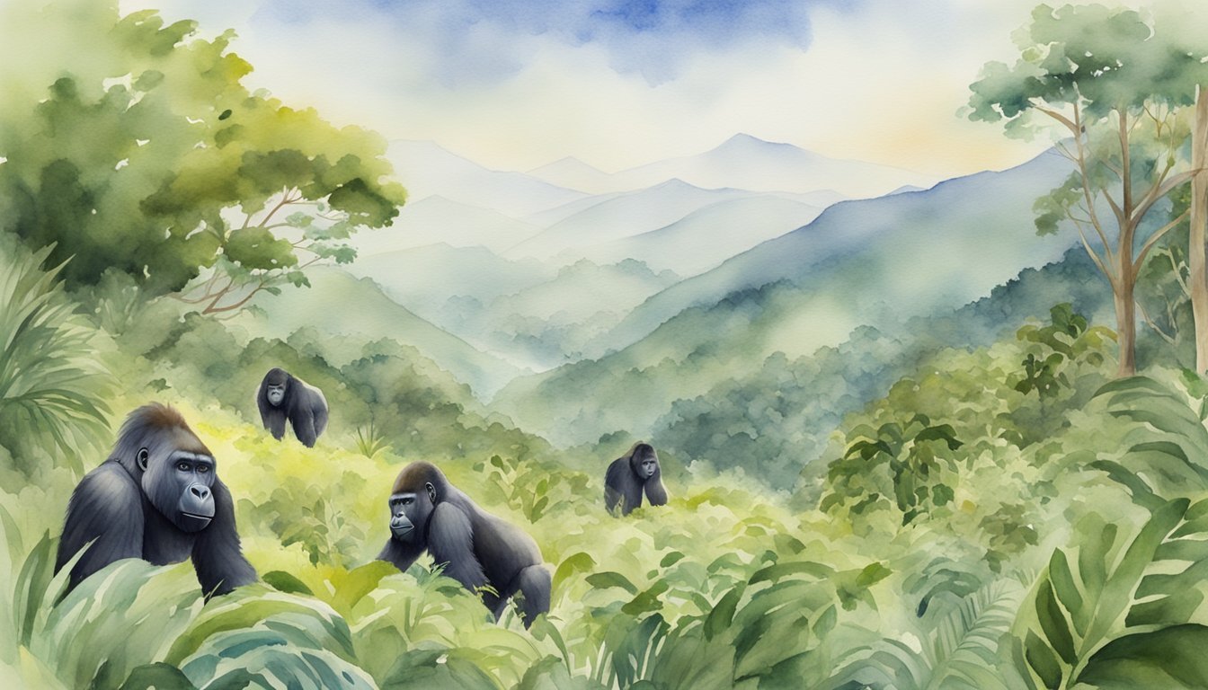 Watercolor of gorillas in misty, lush green mountain landscape.