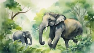 Watercolor painting of elephants in lush forest setting.