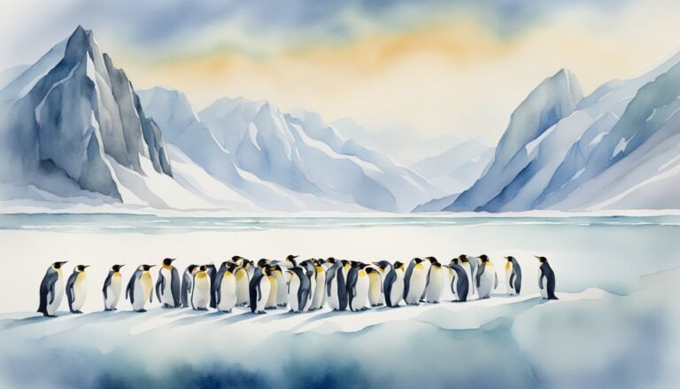 Watercolor painting of penguins in icy mountain landscape.