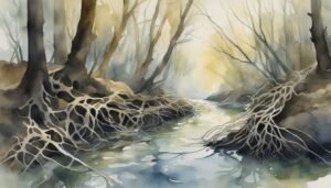 Watercolor painting of exposed roots in a misty forest.