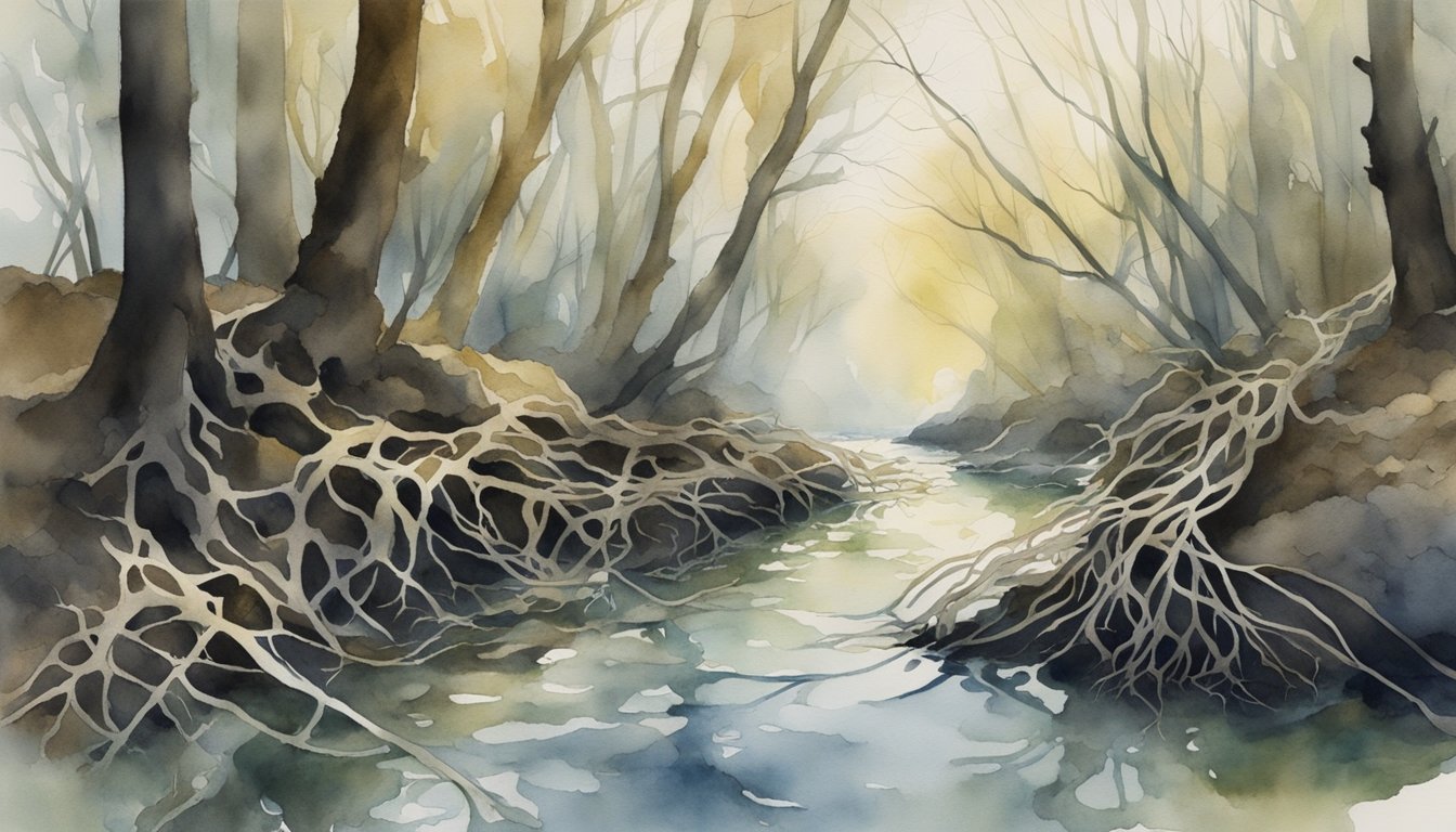 Watercolor painting of exposed roots in a misty forest.