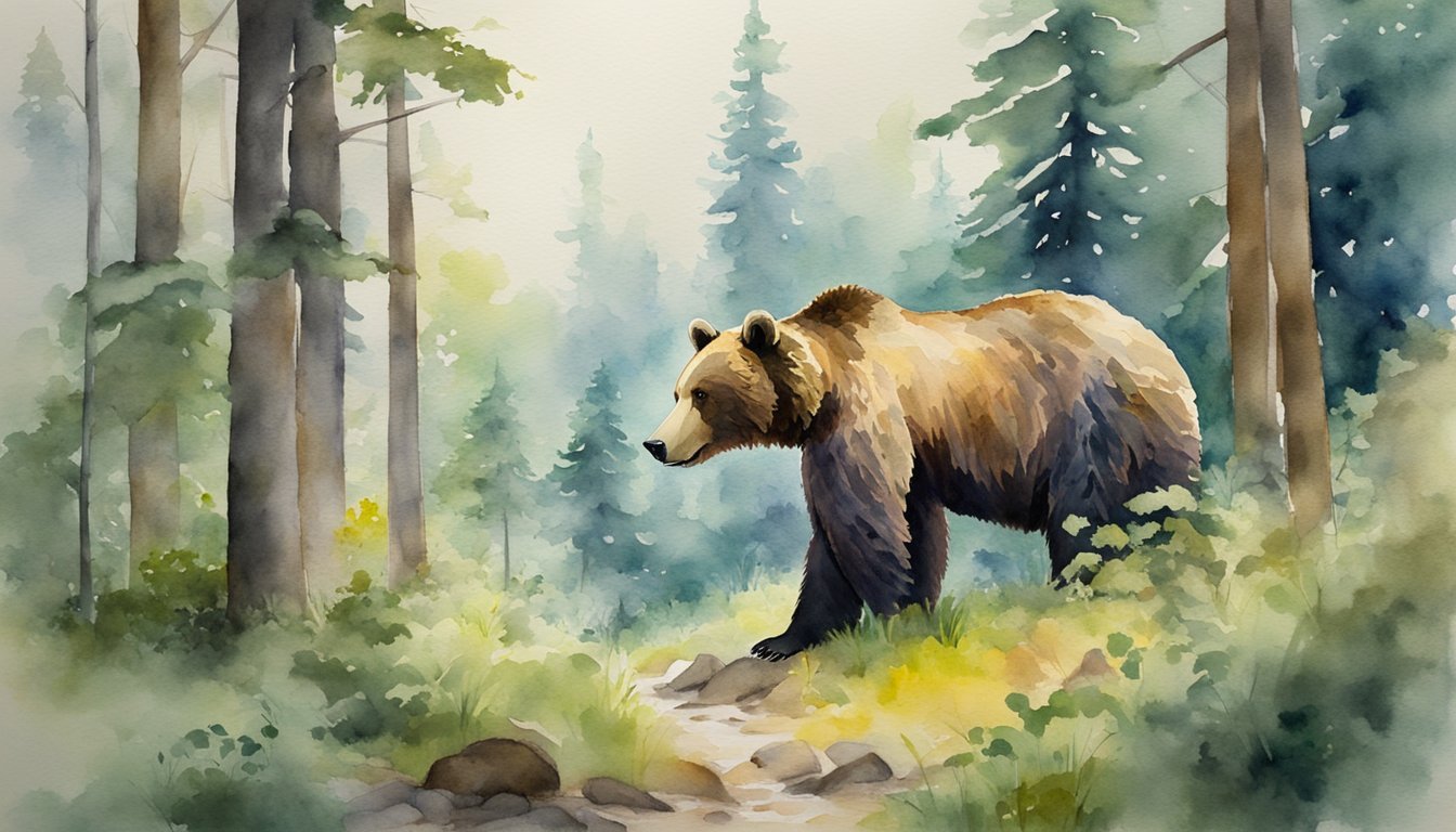 Watercolor painting of bear in misty forest.