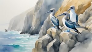 Blue-footed boobies on rocky cliff by ocean.