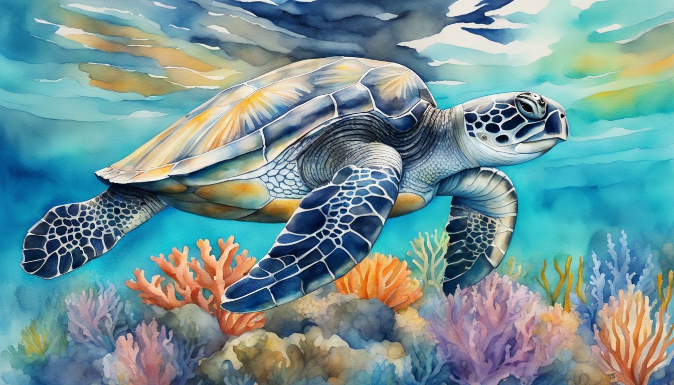 Watercolor painting of a sea turtle swimming underwater.