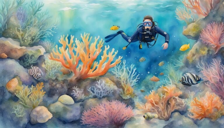 Scuba diver exploring vibrant coral reef with tropical fish.