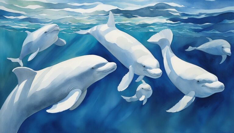 Pod of beluga whales swimming in blue ocean waters.