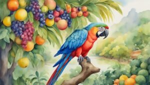 Vibrant parrot perched among lush, colorful fruit trees.