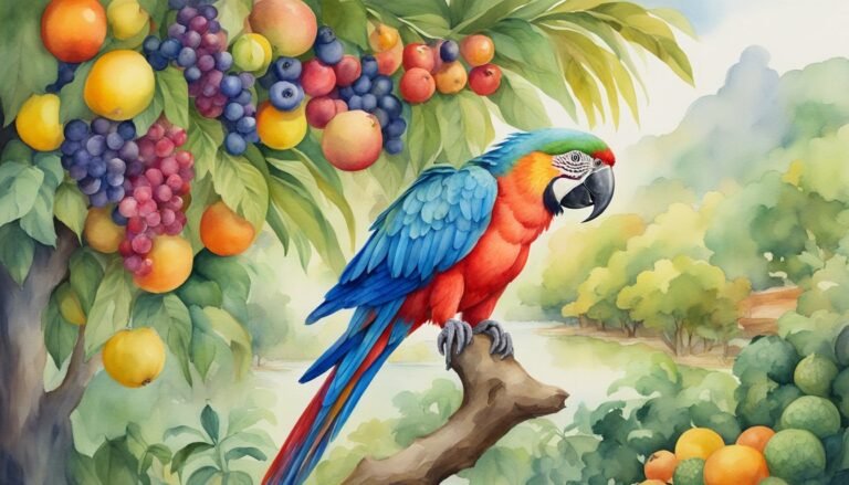 Vibrant parrot perched among lush, colorful fruit trees.