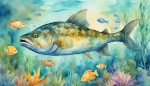 Colorful watercolor underwater scene with fish and coral.