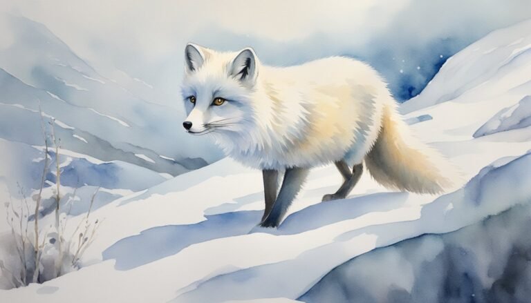 Arctic fox in snowy landscape watercolor painting.