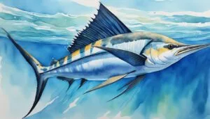 Vibrant watercolor painting of a sailfish underwater.