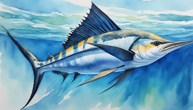 Vibrant watercolor painting of a sailfish underwater.