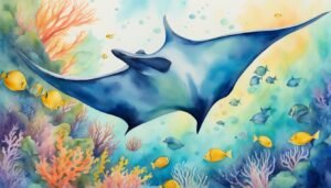 Watercolor painting of manta ray swimming with tropical fish.