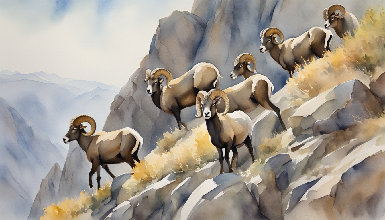 Watercolor painting of bighorn sheep on mountain landscape.