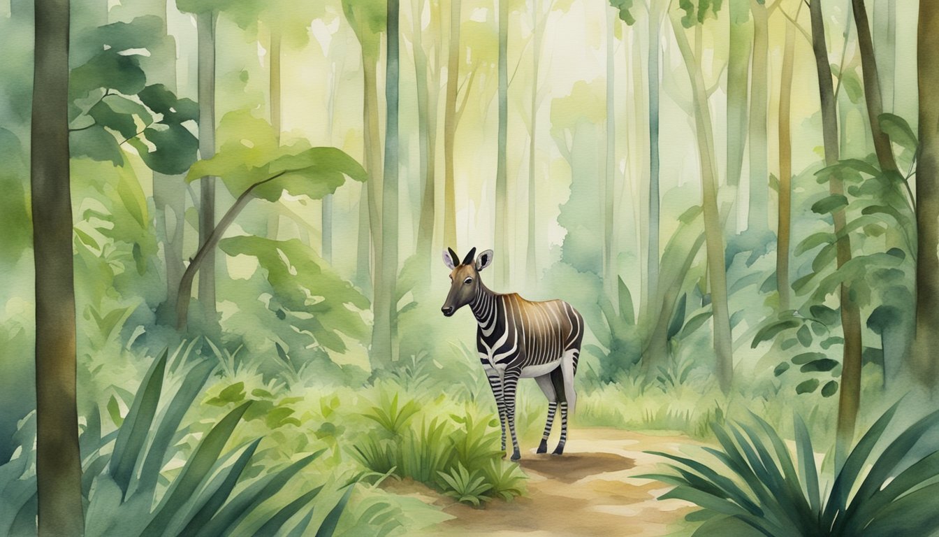 Zebra in lush, watercolor forest scene.