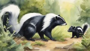 Adult and baby skunk in natural wooded habitat.
