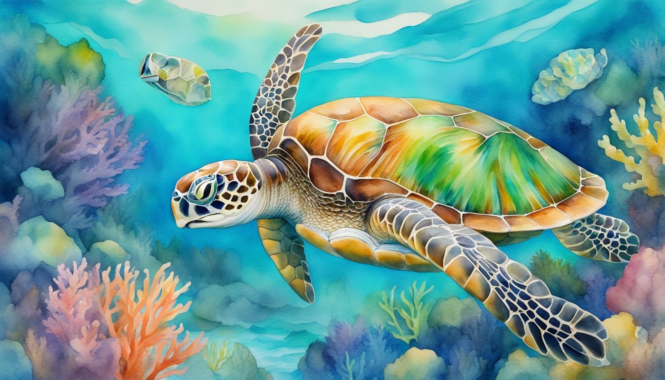 Colorful sea turtle swimming above coral reef.