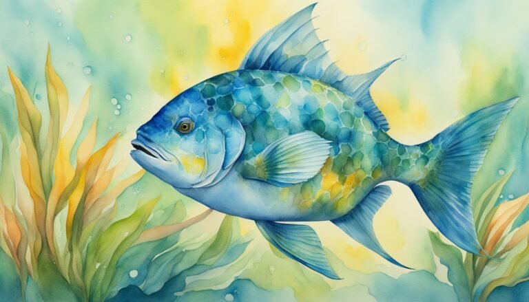 Colorful watercolor painting of a fish among seaweed.