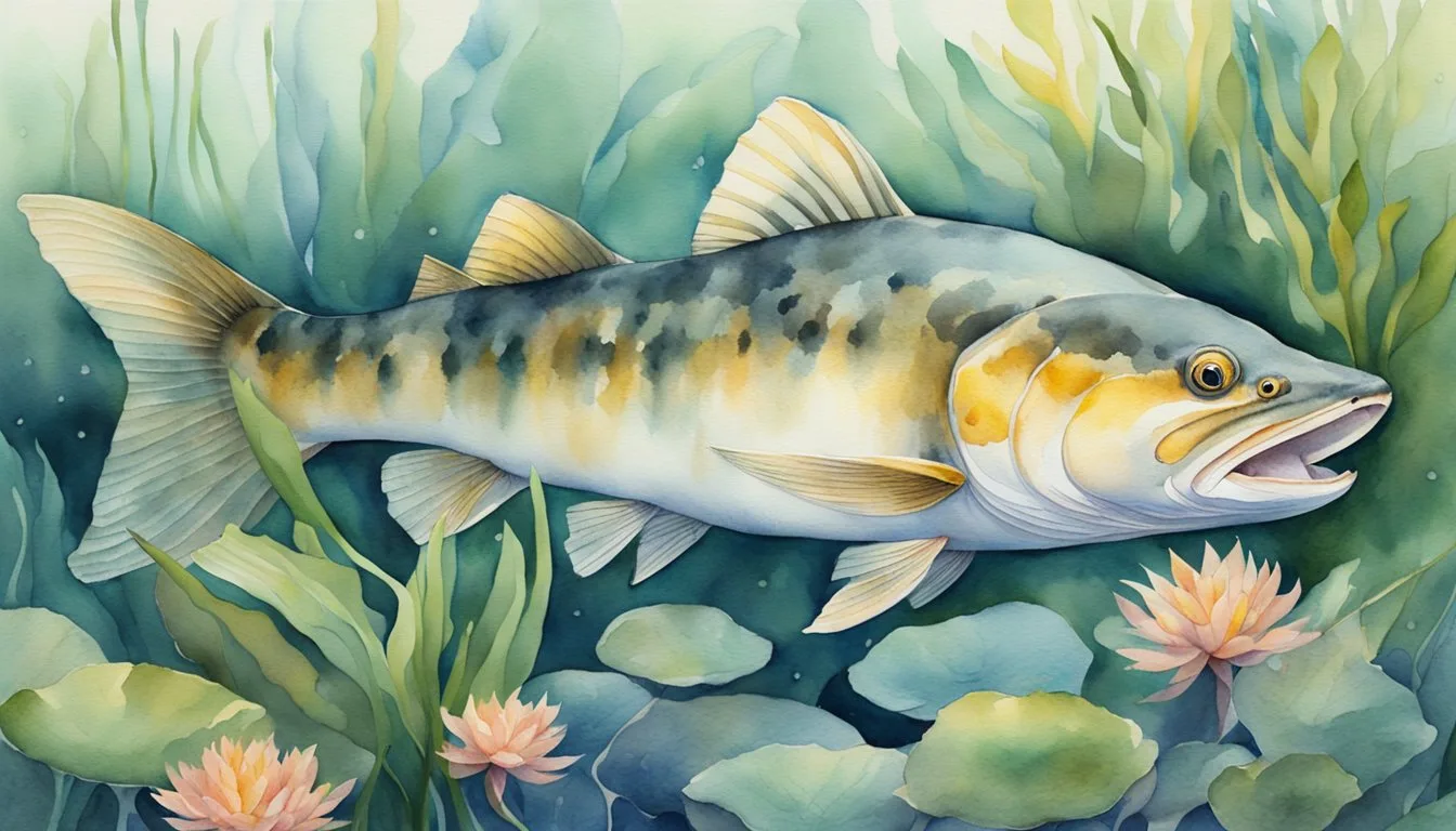 Watercolor painting of a fish swimming among aquatic plants.