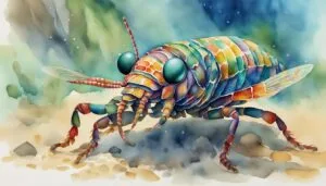 Colorful watercolor painting of a stylized insect.