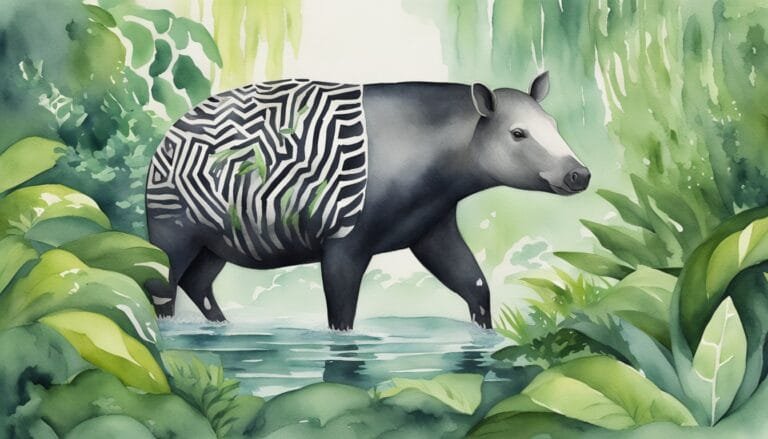 Tapir with zebra stripes in lush watercolor jungle setting.
