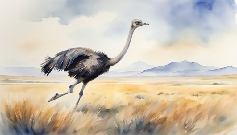 Ostrich running in scenic watercolor landscape.