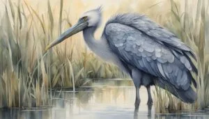 Large heron standing in serene wetland watercolor painting.