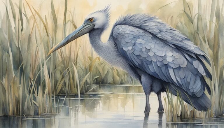 Large heron standing in serene wetland watercolor painting.