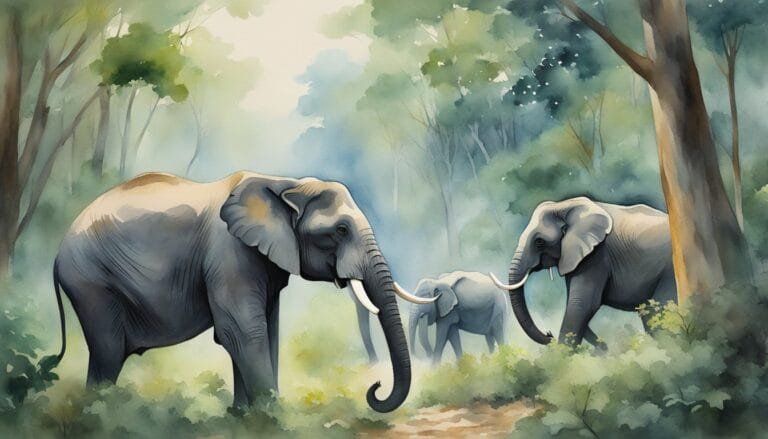 Watercolor illustration of elephants in misty forest.