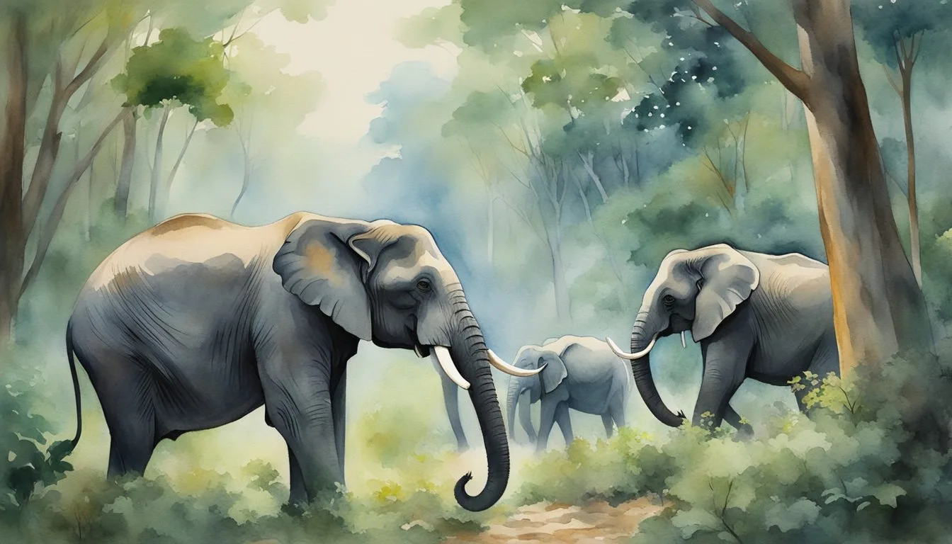 Watercolor illustration of elephants in misty forest.