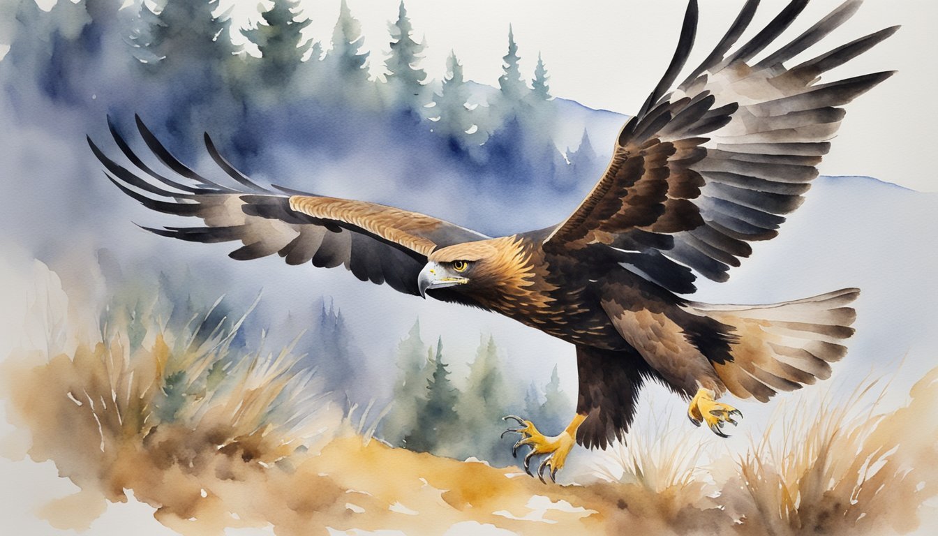 Golden eagle in flight over forested landscape.