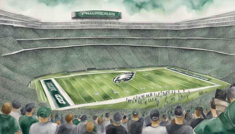 Illustration of crowded Eagles football stadium during a game.