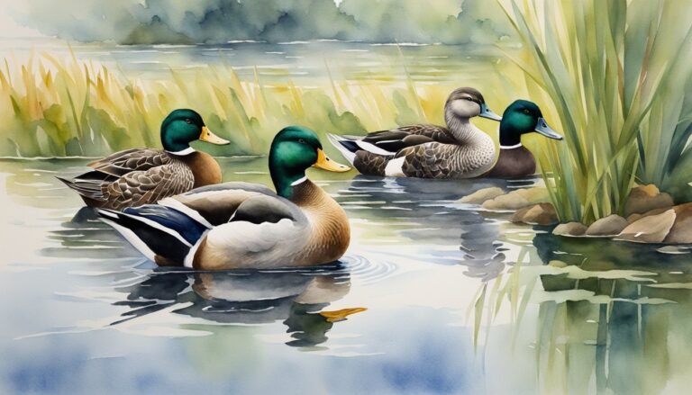 Watercolor of mallard ducks by serene lakeside.