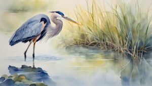 Great blue heron standing in serene watercolor wetland.