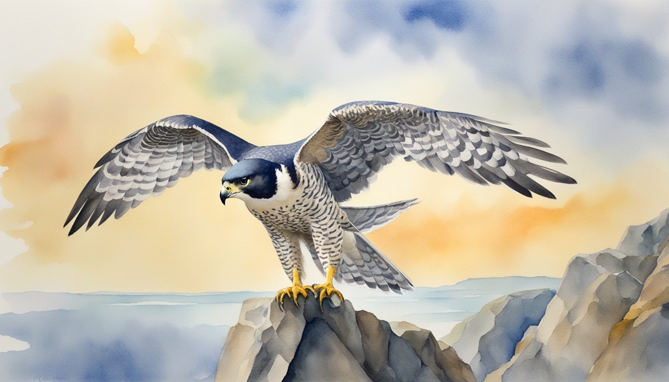 Peregrine falcon perched on cliff, wings spread, watercolor.