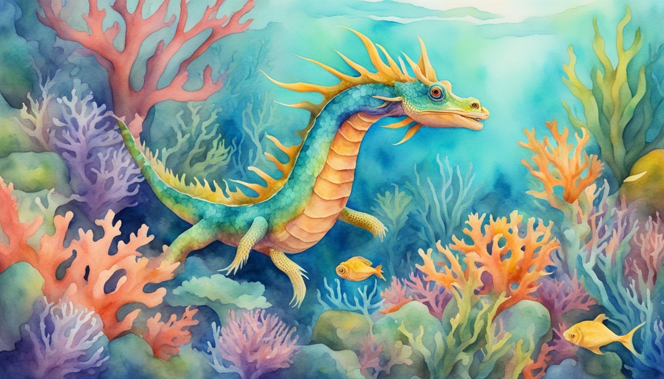 Colorful sea dragon swimming among vibrant coral reefs.